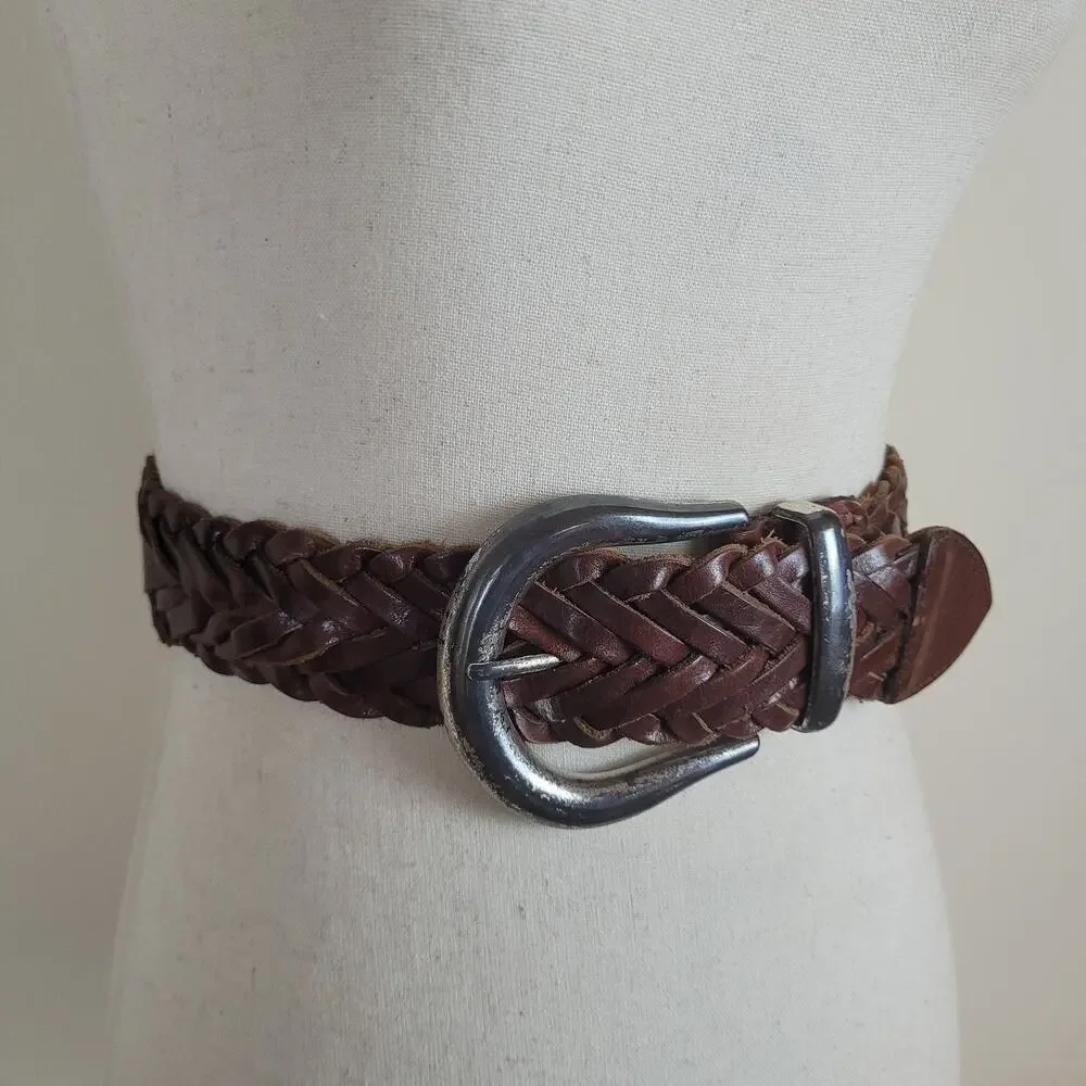 Vintage Express Belt Large Brown Braided Woven Leather Wide Waist Western Boho